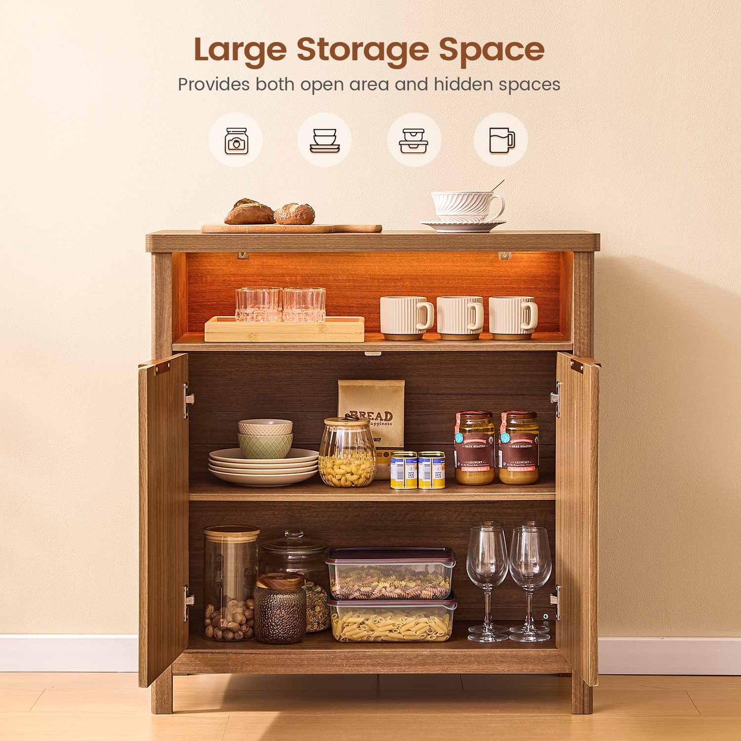 AOGLLATI Storage Cabinet Wood / LED / Engineered Wood LED Sideboard Buffet Storage Cabinet Wood