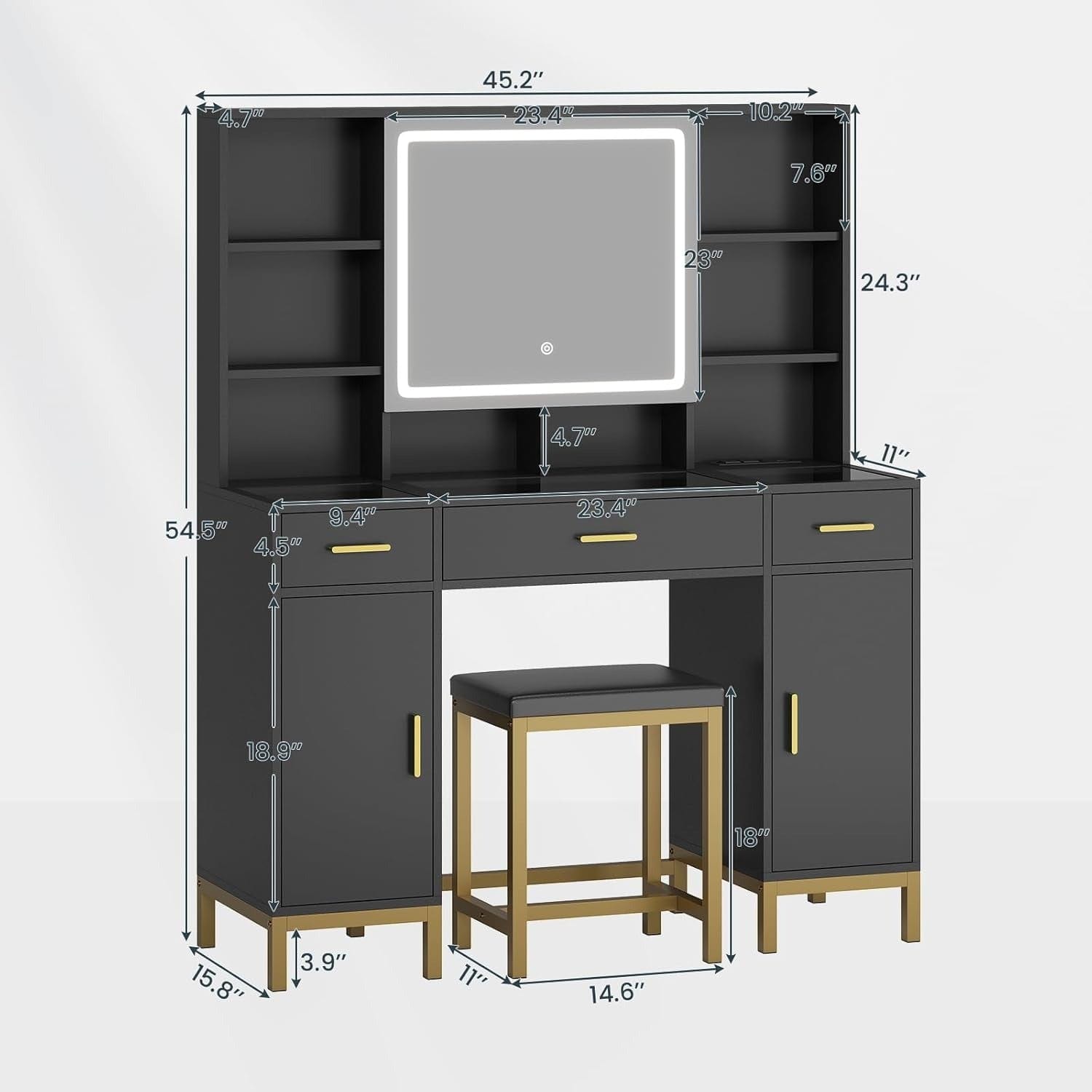 AOGLLATI Vanity Black / Engineered Wood / Modern AOGLLATI Makeup Vanity Set Glass Top with Lights Black