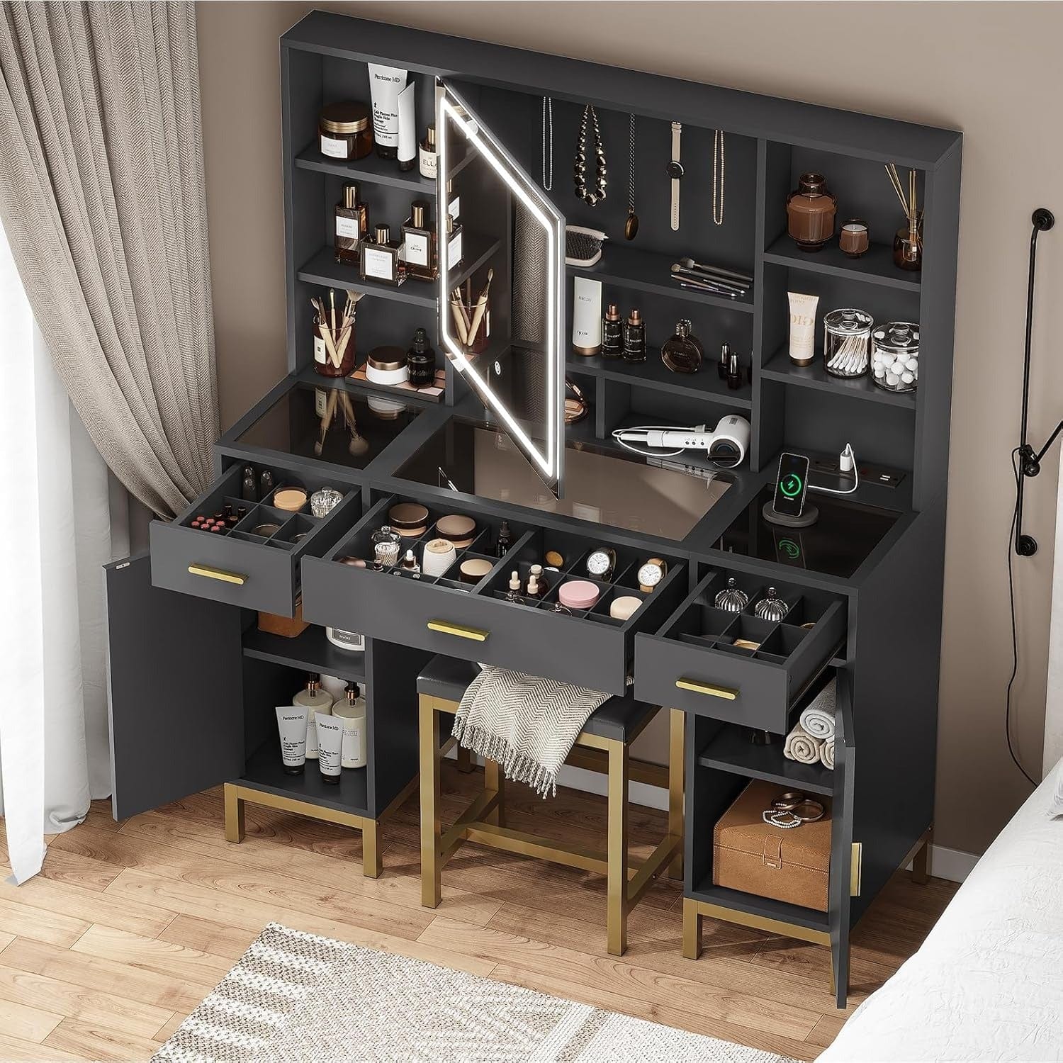 AOGLLATI Vanity Black / Engineered Wood / Modern AOGLLATI Makeup Vanity Set Glass Top with Lights Black