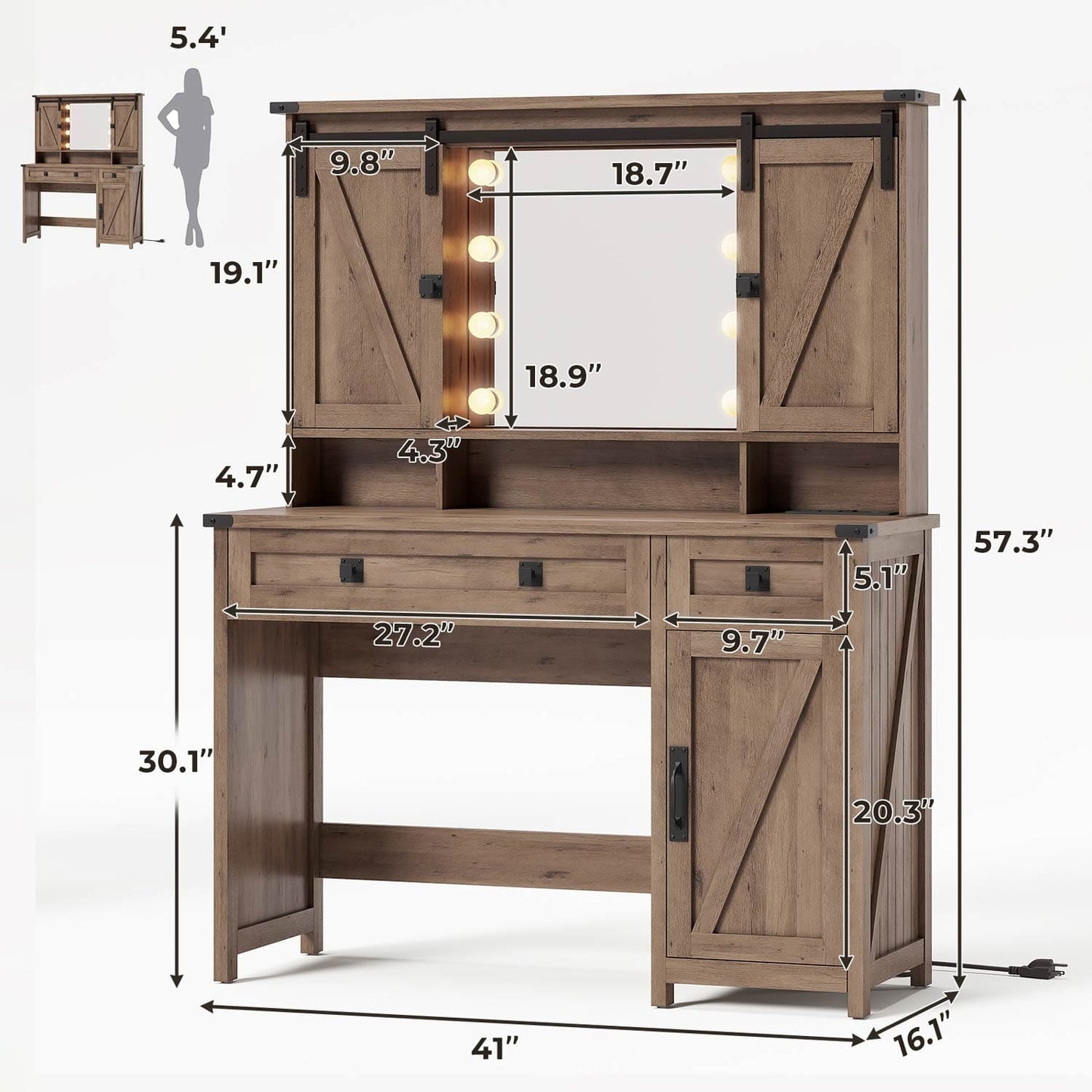 AOGLLATI Vanity Brown / Engineered Wood / Farmhouse AOGLLATI Makeup Vanity with Lights & Barn Doors Brown