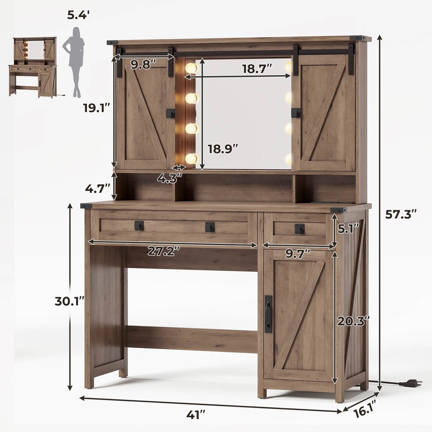AOGLLATI Vanity Brown / Engineered Wood / Farmhouse AOGLLATI Makeup Vanity with Lights & Barn Doors Brown