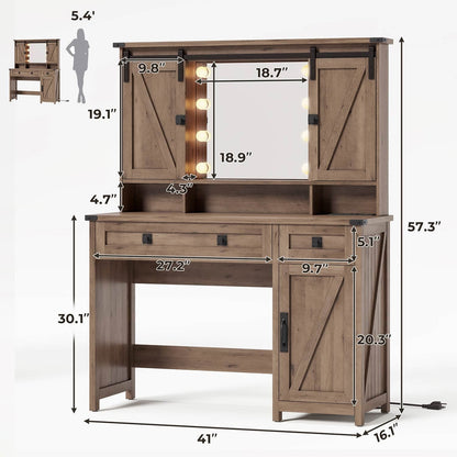 AOGLLATI Vanity Brown / Engineered Wood / Farmhouse AOGLLATI Makeup Vanity with Lights & Barn Doors Brown