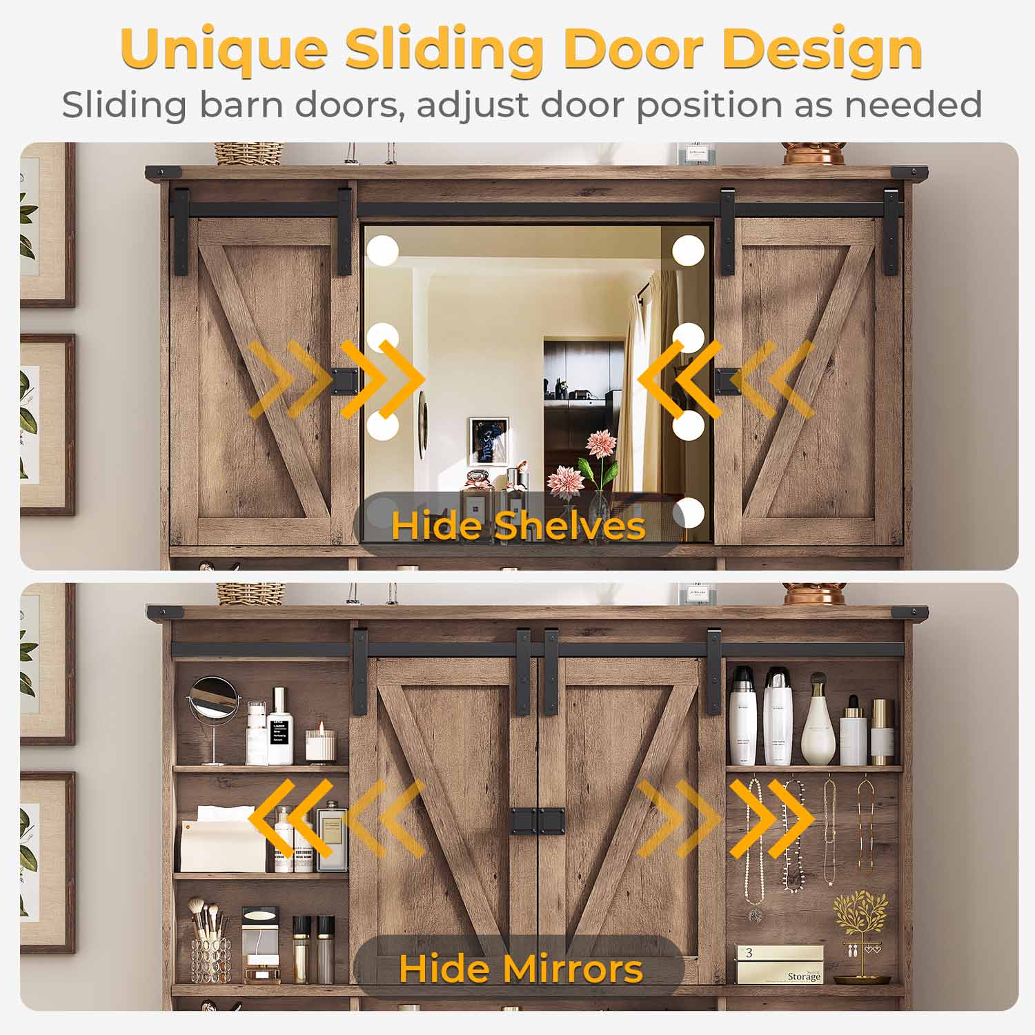 AOGLLATI Vanity Brown / Engineered Wood / Farmhouse AOGLLATI Makeup Vanity with Lights & Barn Doors Brown