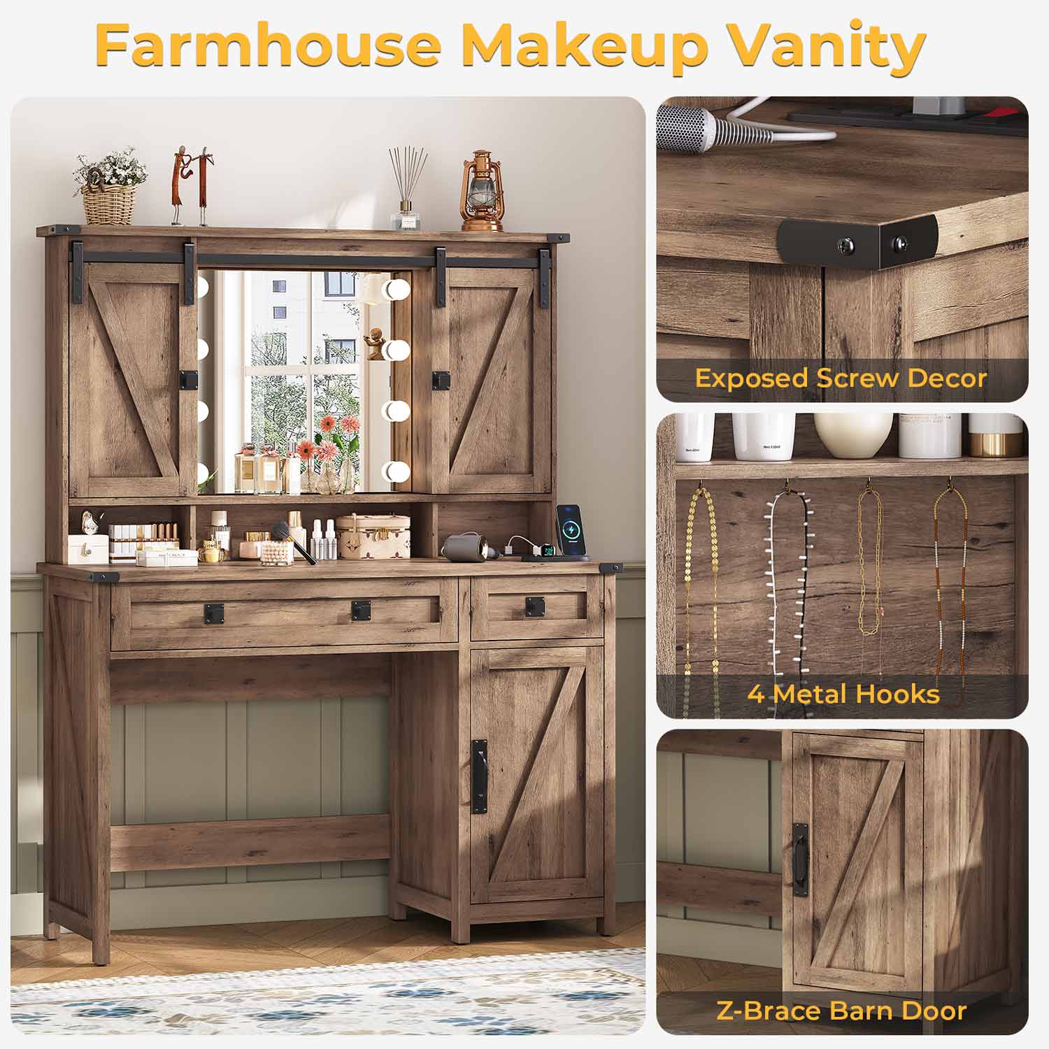 AOGLLATI Vanity Brown / Engineered Wood / Farmhouse AOGLLATI Makeup Vanity with Lights & Barn Doors Brown