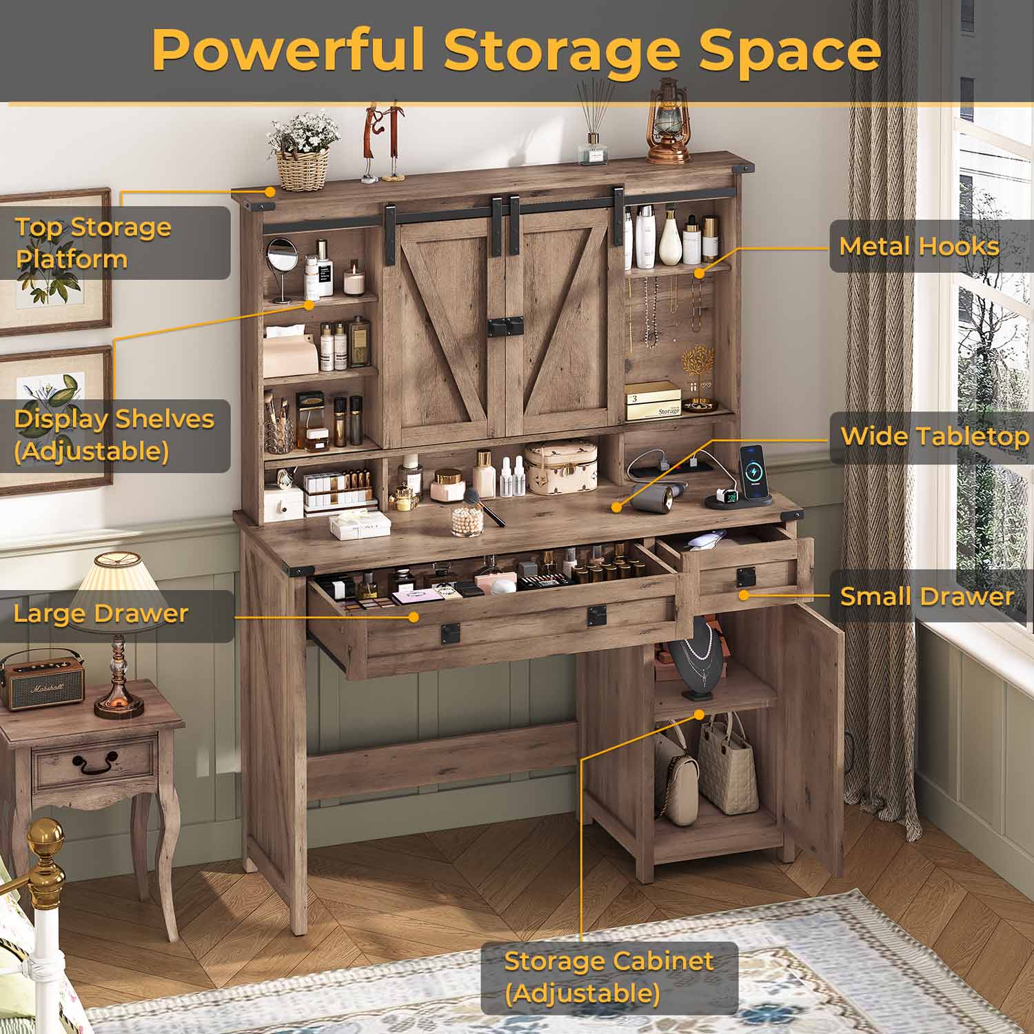 AOGLLATI Vanity Brown / Engineered Wood / Farmhouse AOGLLATI Makeup Vanity with Lights & Barn Doors Brown