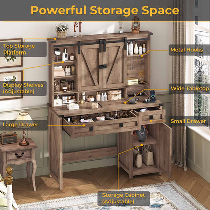AOGLLATI Vanity Brown / Engineered Wood / Farmhouse AOGLLATI Makeup Vanity with Lights & Barn Doors Brown