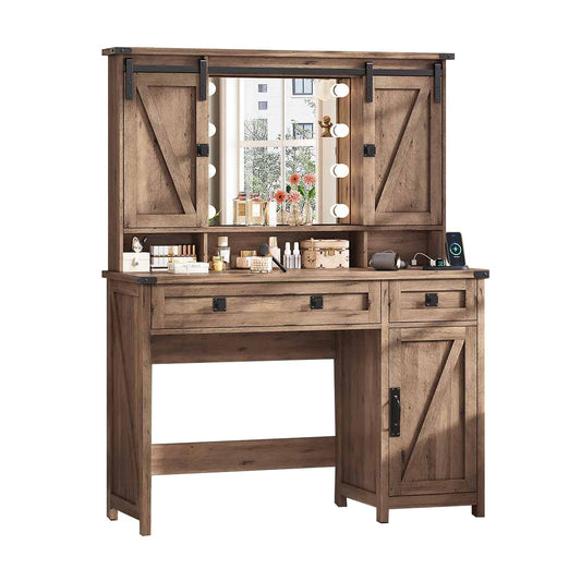 AOGLLATI Vanity Brown / Engineered Wood / Farmhouse AOGLLATI Makeup Vanity with Lights & Barn Doors Brown