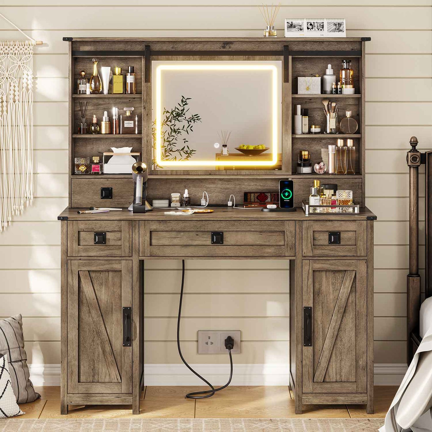 AOGLLATI Vanity Brown / Engineered Wood / Modern AOGLALTI Farmhouse Makeup Vanity with Lights & Charging Station Brown