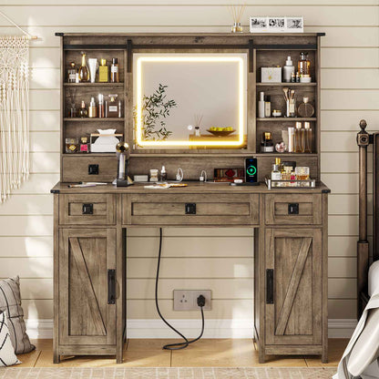 AOGLLATI Vanity Brown / Engineered Wood / Modern AOGLALTI Farmhouse Makeup Vanity with Lights & Charging Station Brown