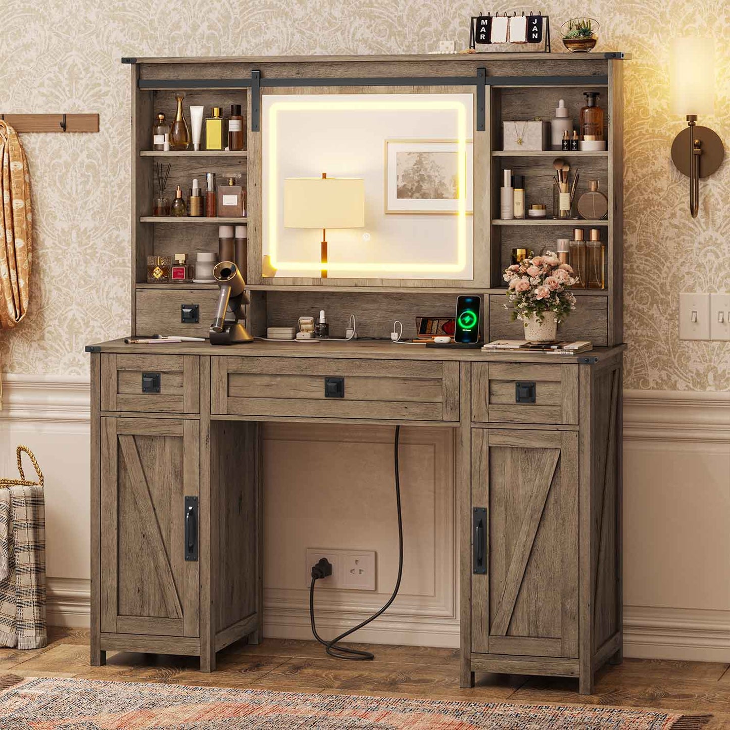 AOGLLATI 47.2 Inch Farmhouse Makeup Vanity Desk with Lights & Charging Station Vanity Desk with Sliding Mirror and Storage Space