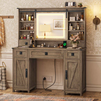 AOGLLATI 47.2 Inch Farmhouse Makeup Vanity Desk with Lights & Charging Station Vanity Desk with Sliding Mirror and Storage Space
