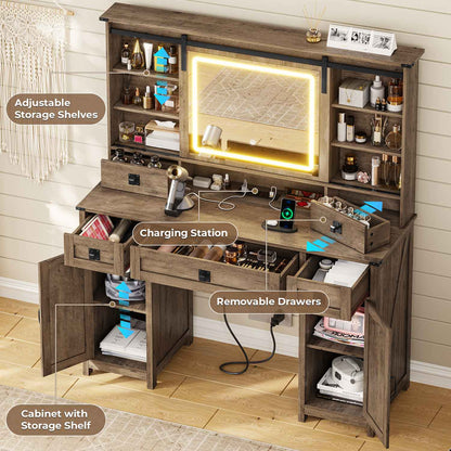 AOGLLATI Vanity Brown / Engineered Wood / Modern AOGLALTI Farmhouse Makeup Vanity with Lights & Charging Station Brown