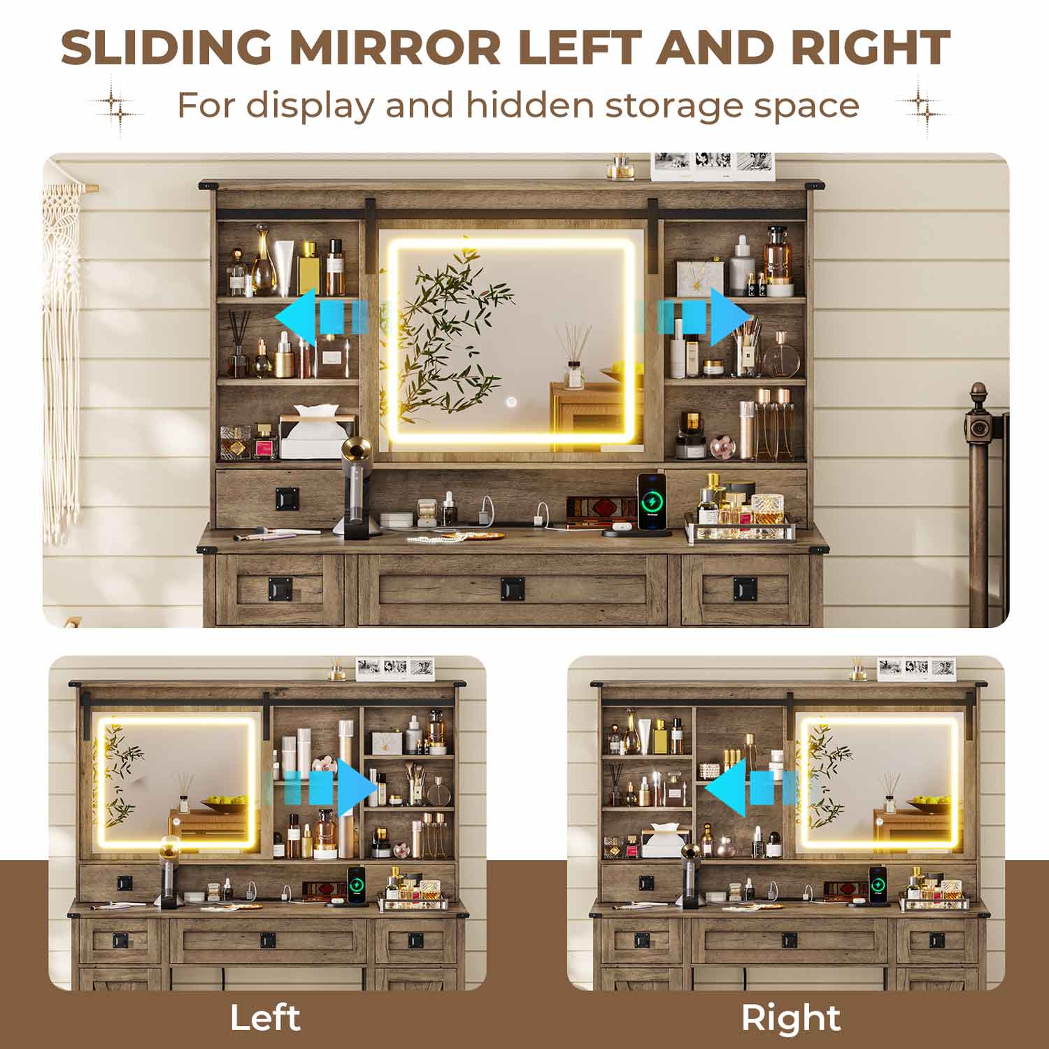 AOGLLATI Vanity Brown / Engineered Wood / Modern AOGLALTI Farmhouse Makeup Vanity with Lights & Charging Station Brown