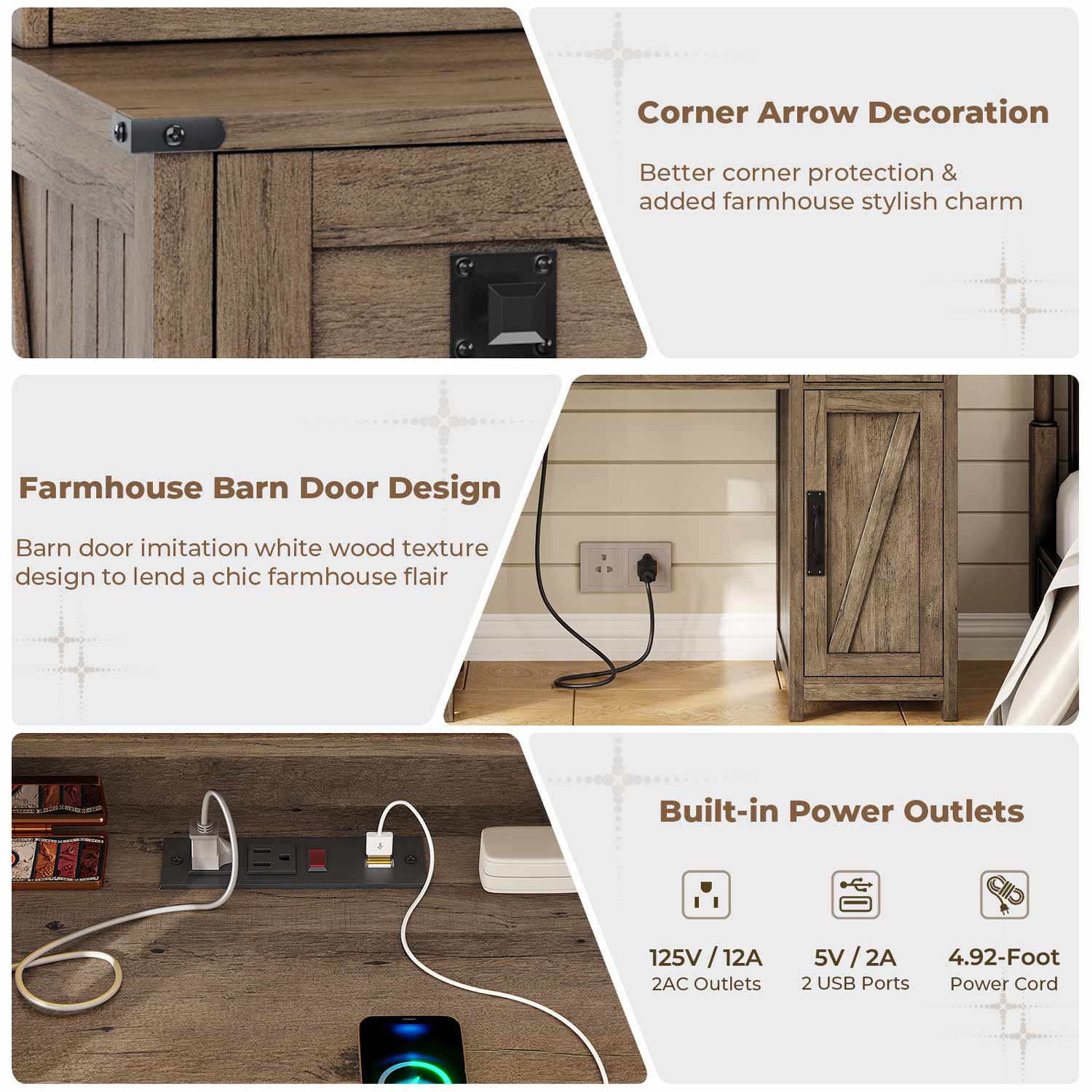AOGLLATI Vanity Brown / Engineered Wood / Modern AOGLALTI Farmhouse Makeup Vanity with Lights & Charging Station Brown