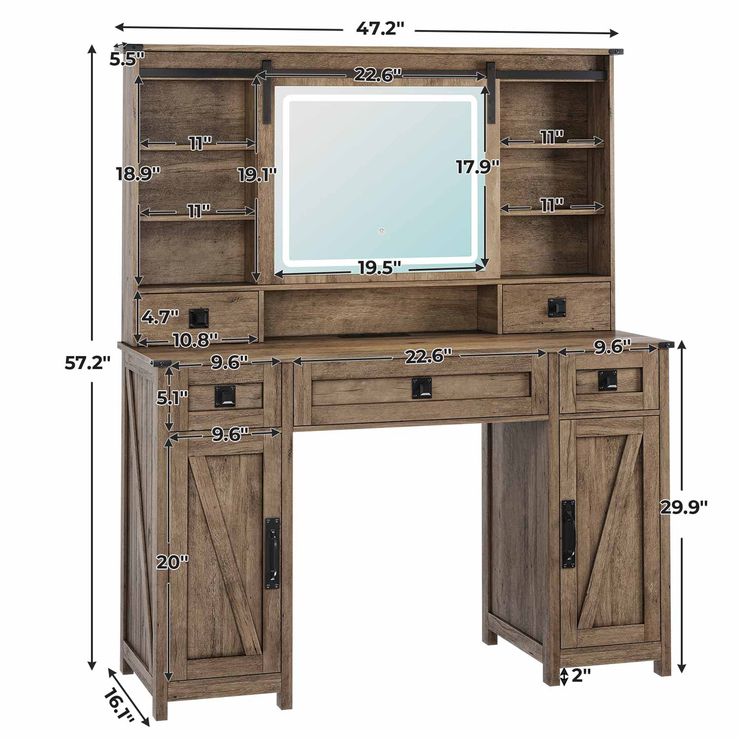 AOGLLATI Vanity Brown / Engineered Wood / Modern AOGLALTI Farmhouse Makeup Vanity with Lights & Charging Station Brown