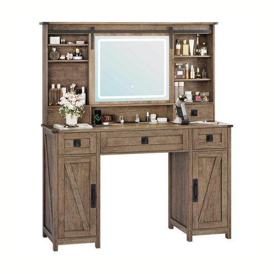 AOGLLATI Vanity Brown / Engineered Wood / Modern AOGLALTI Farmhouse Makeup Vanity with Lights & Charging Station Brown