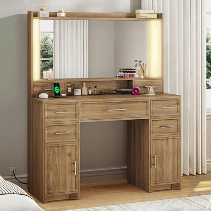 AOGLLATI Vanity Brown / Engineered Wood / Modern Vanity Desk with Light Box and Mirror