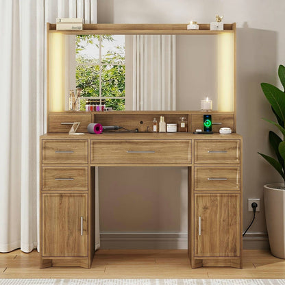 AOGLLATI Vanity Brown / Engineered Wood / Modern Vanity Desk with Light Box and Mirror