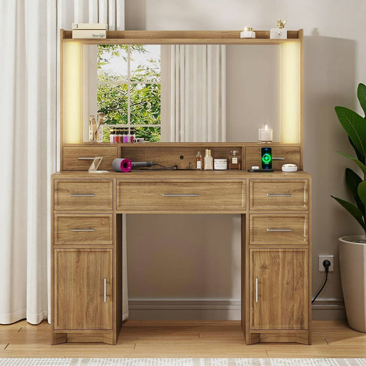 AOGLLATI Vanity Brown / Engineered Wood / Modern Vanity Desk with Light Box and Mirror