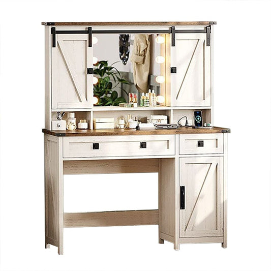 AOGLLATI Vanity White / Engineered Wood / Farmhouse AOGLLATI Makeup Vanity with Lights & Barn Doors White