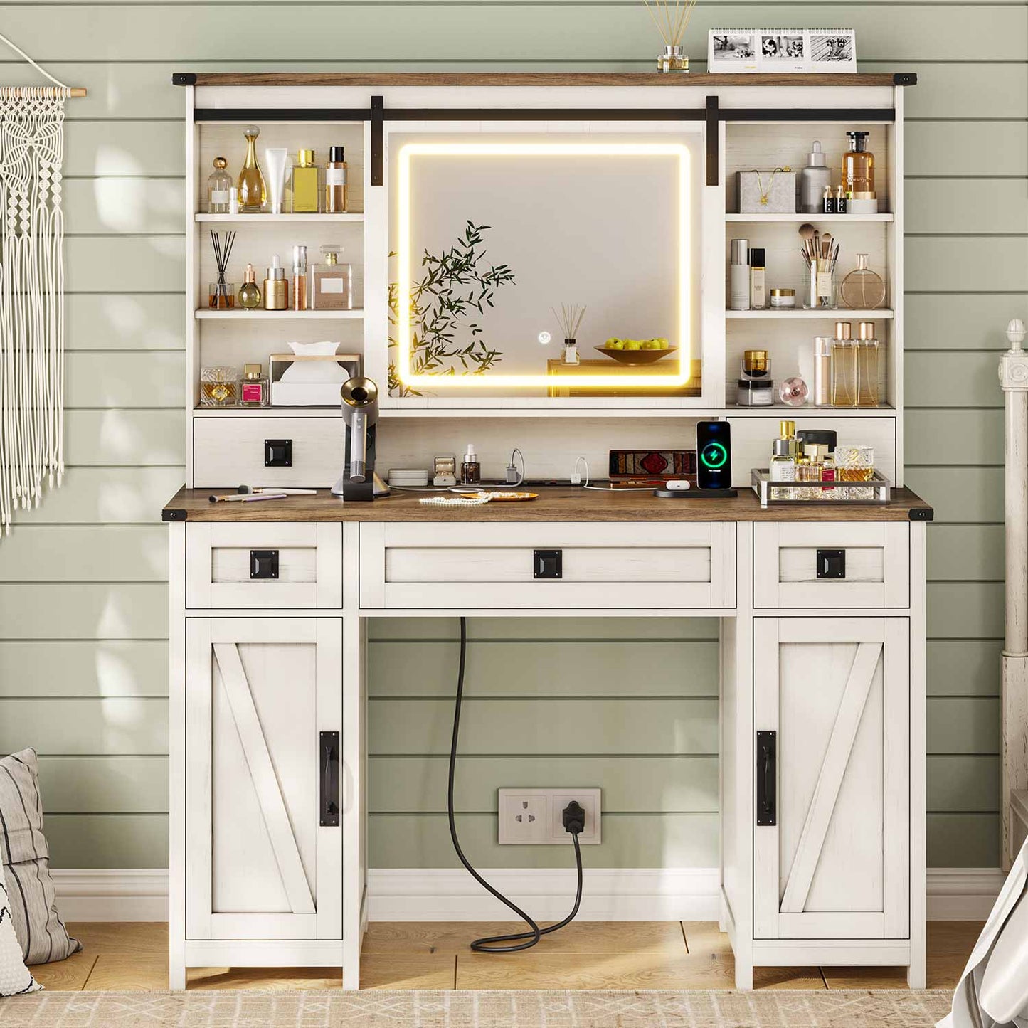 AOGLLATI Vanity White / Engineered Wood / Modern AOGLALTI Farmhouse Makeup Vanity with Lights & Charging Station White