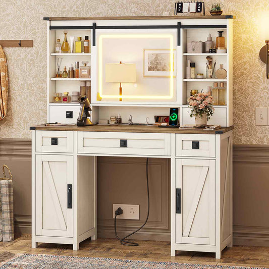 AOGLLATI Vanity White / Engineered Wood / Modern AOGLALTI Farmhouse Makeup Vanity with Lights & Charging Station White