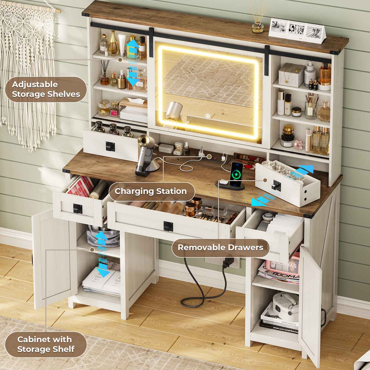 AOGLLATI Vanity White / Engineered Wood / Modern AOGLALTI Farmhouse Makeup Vanity with Lights & Charging Station White