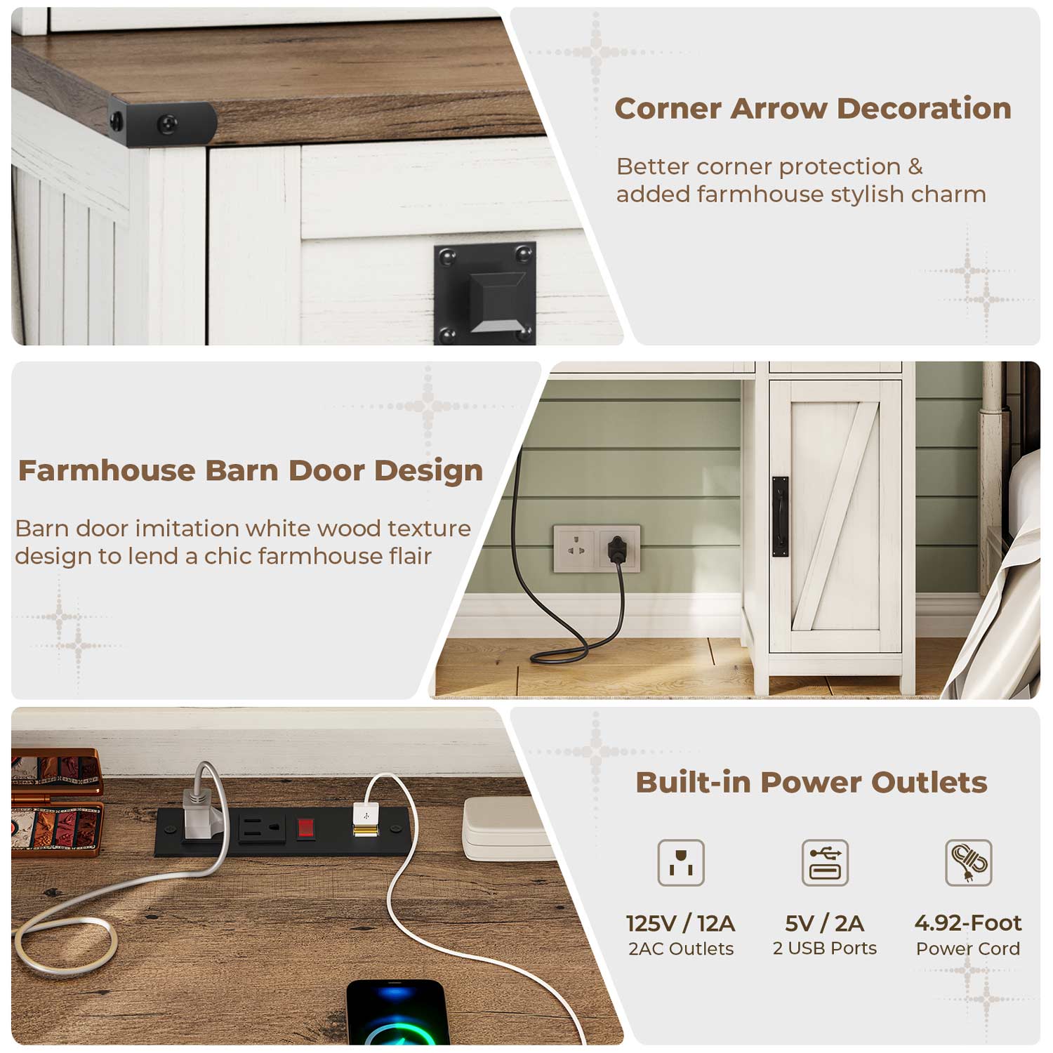 AOGLLATI Vanity White / Engineered Wood / Modern AOGLALTI Farmhouse Makeup Vanity with Lights & Charging Station White