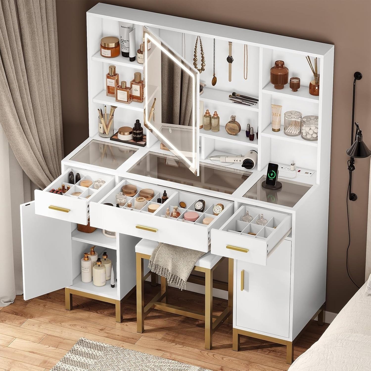 AOGLLATI Vanity White / Engineered Wood / Modern AOGLLATI Makeup Vanity Set Glass Top with Lights White