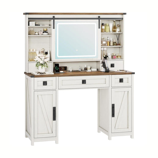AOGLLATI Vanity White / Engineered Wood / Modern AOGLALTI Farmhouse Makeup Vanity with Lights & Charging Station White