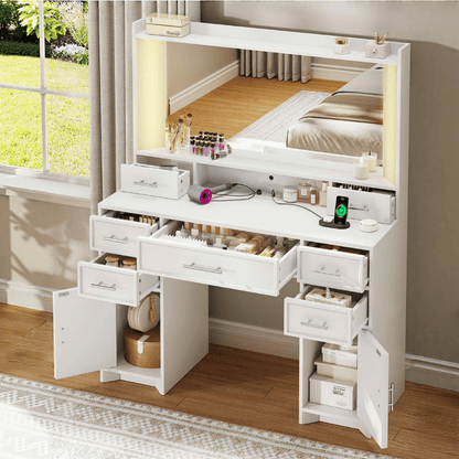 AOGLLATI Vanity White / Engineered Wood / Modern Vanity Desk with Mirror and Lights