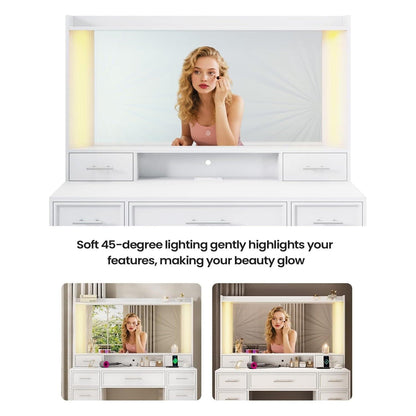 AOGLLATI Vanity White / Engineered Wood / Modern Vanity Desk with Mirror and Lights