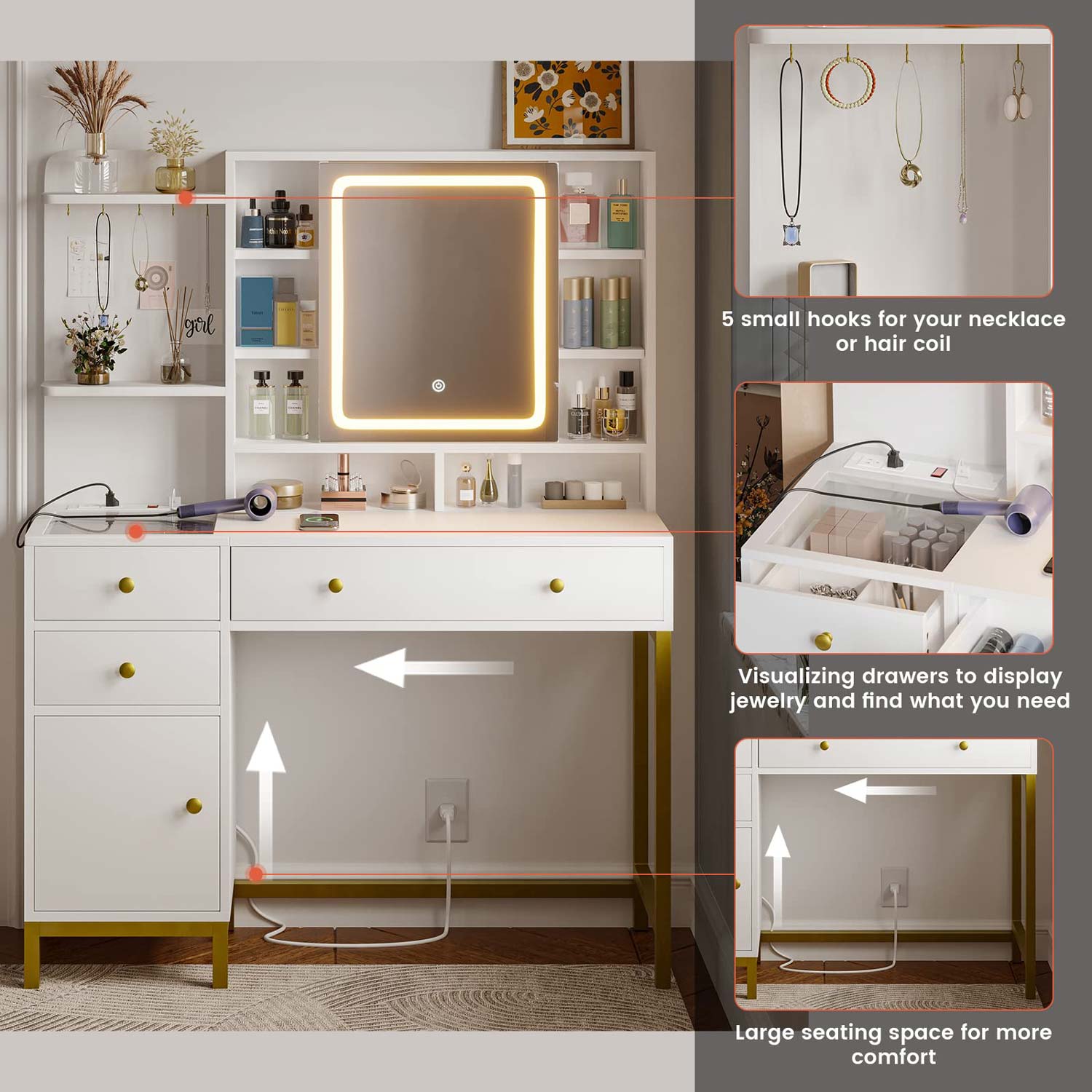 AOGLLATI Vanity White / Glass / Modern AOGLLATI Makeup Vanity with Visible Drawers White