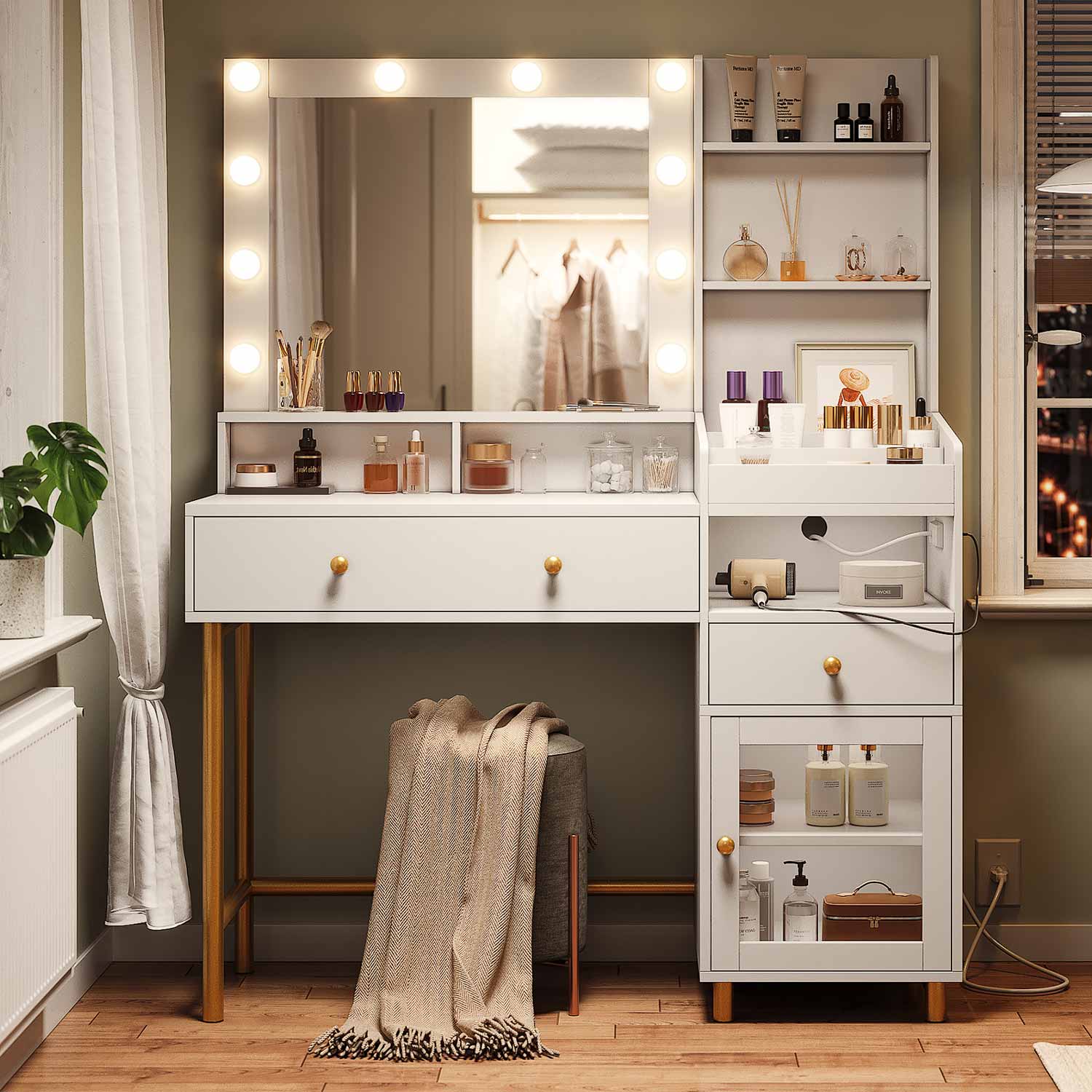 AOGLLATI Vanity White / Particle Board / Modern AOGLLATI Makeup Vanity with Mirror and Lights in 3 Colors